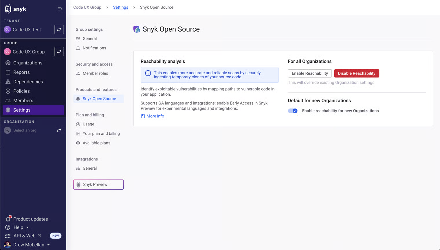 그룹 내 모든 조직에 대해 도달 가능성 분석 활성화