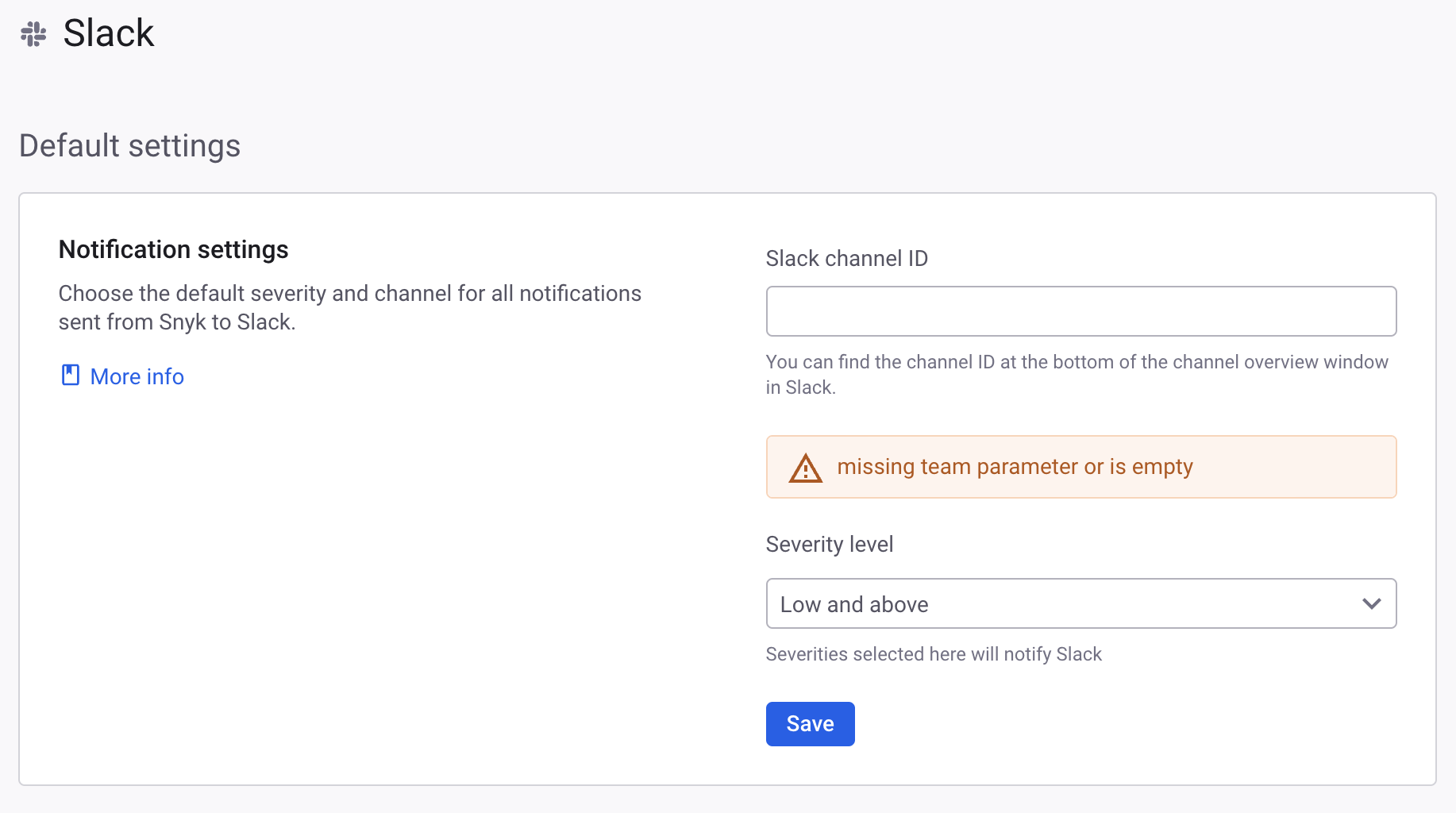 조직에 대한 알림을 위한 Slack 채널 및 심각도 수준 선택