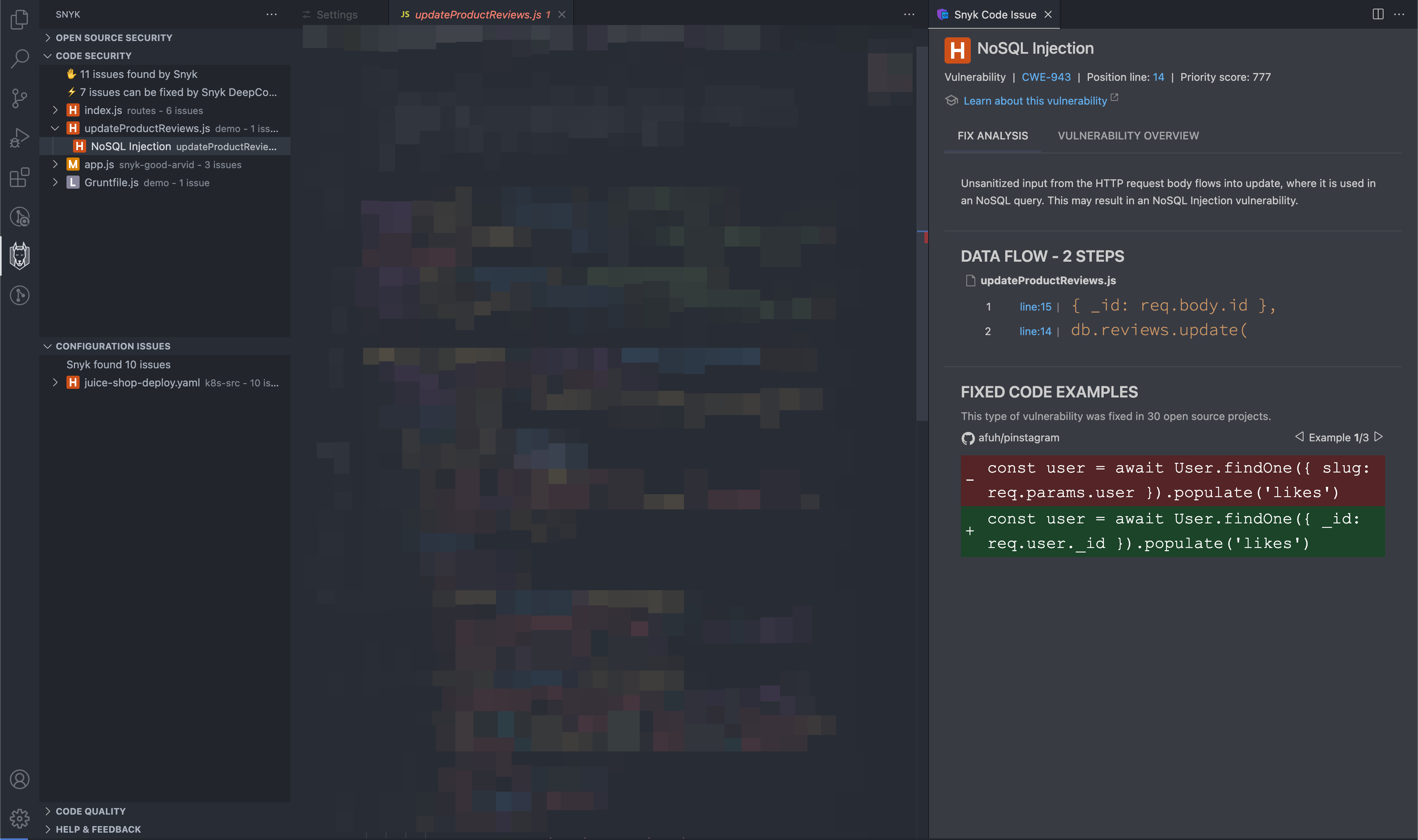 Snyk Code 문제가 있는 Snyk Security 확장 프로그램