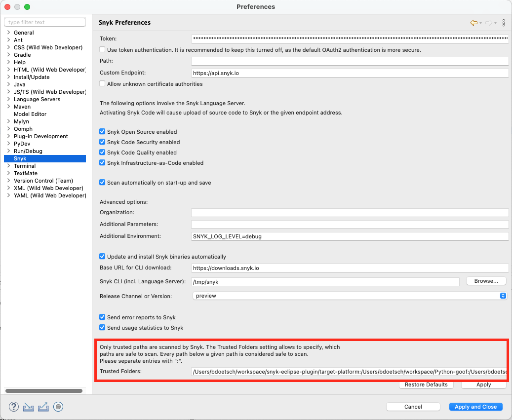 Snyk Eclipse 플러그인 기본 설정 신뢰할 수 있는 폴더 설정