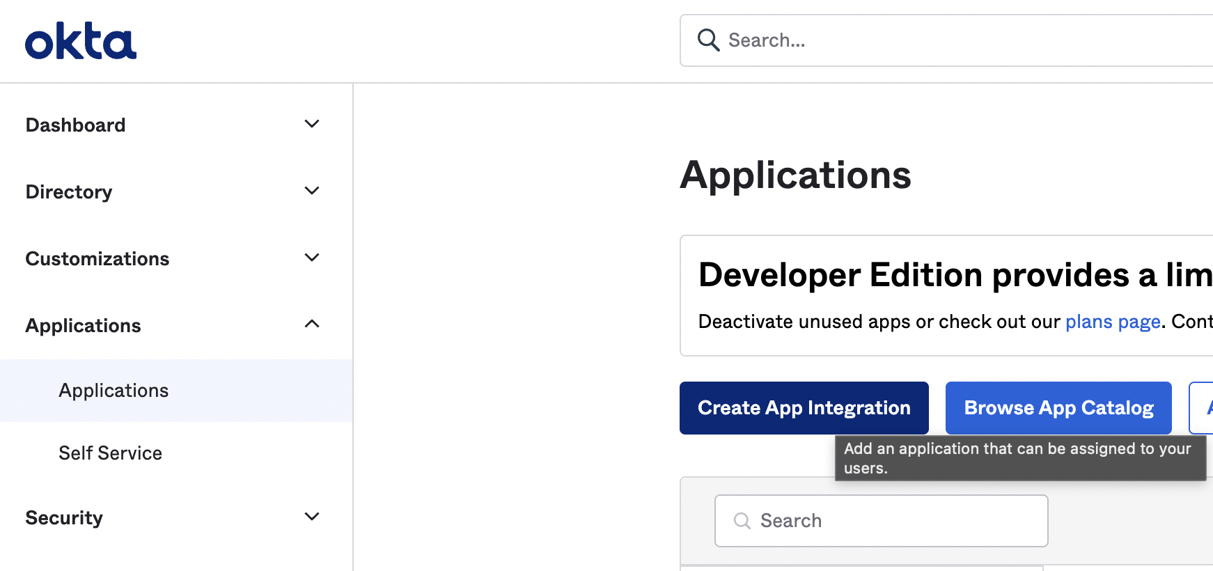 Okta Applications main page