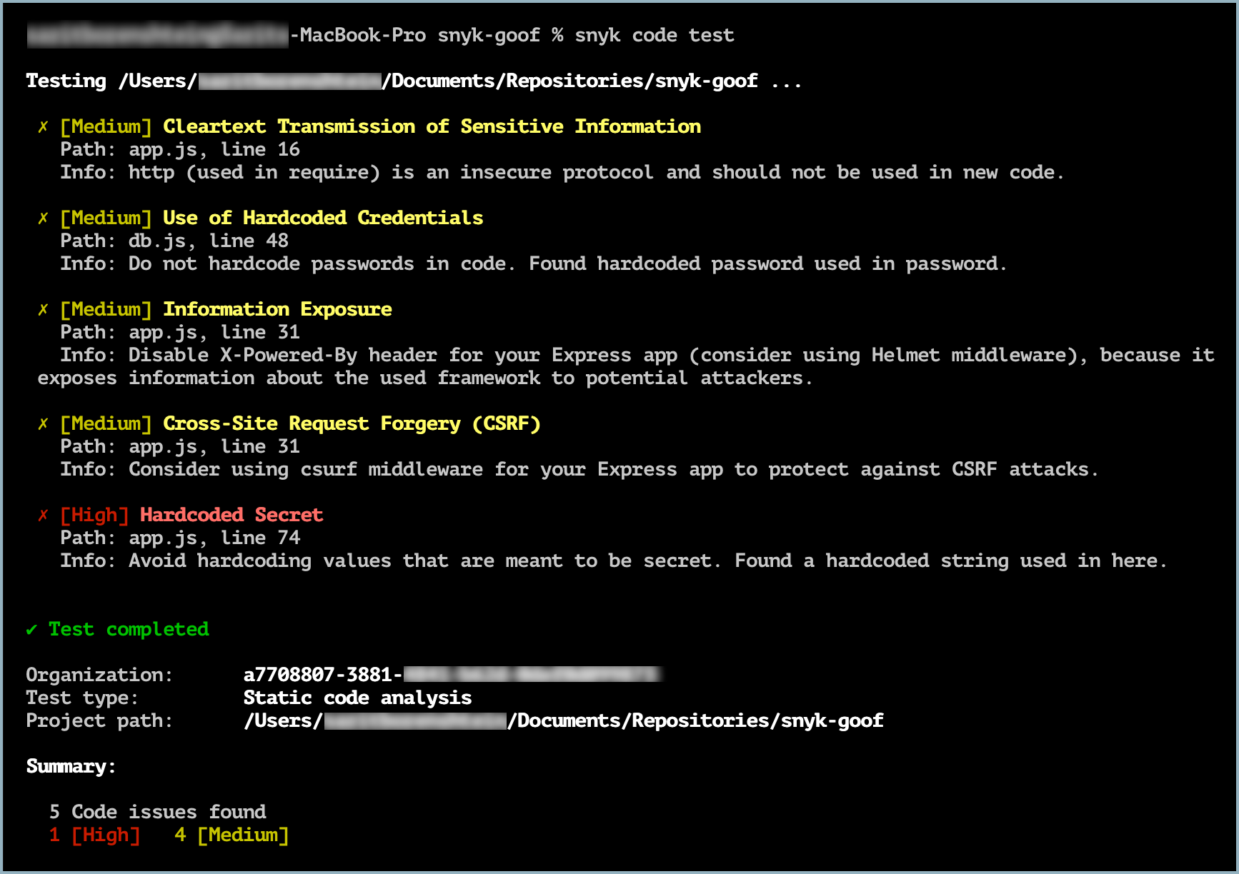Snyk Code CLI 테스트 결과 예시