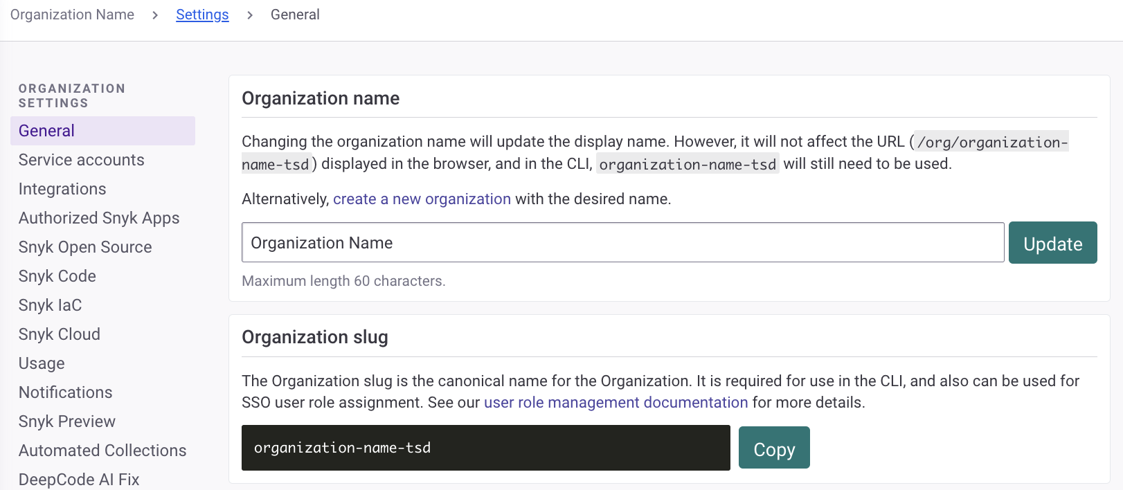 조직 슬러그를 보여주는 조직 일반 설정 페이지