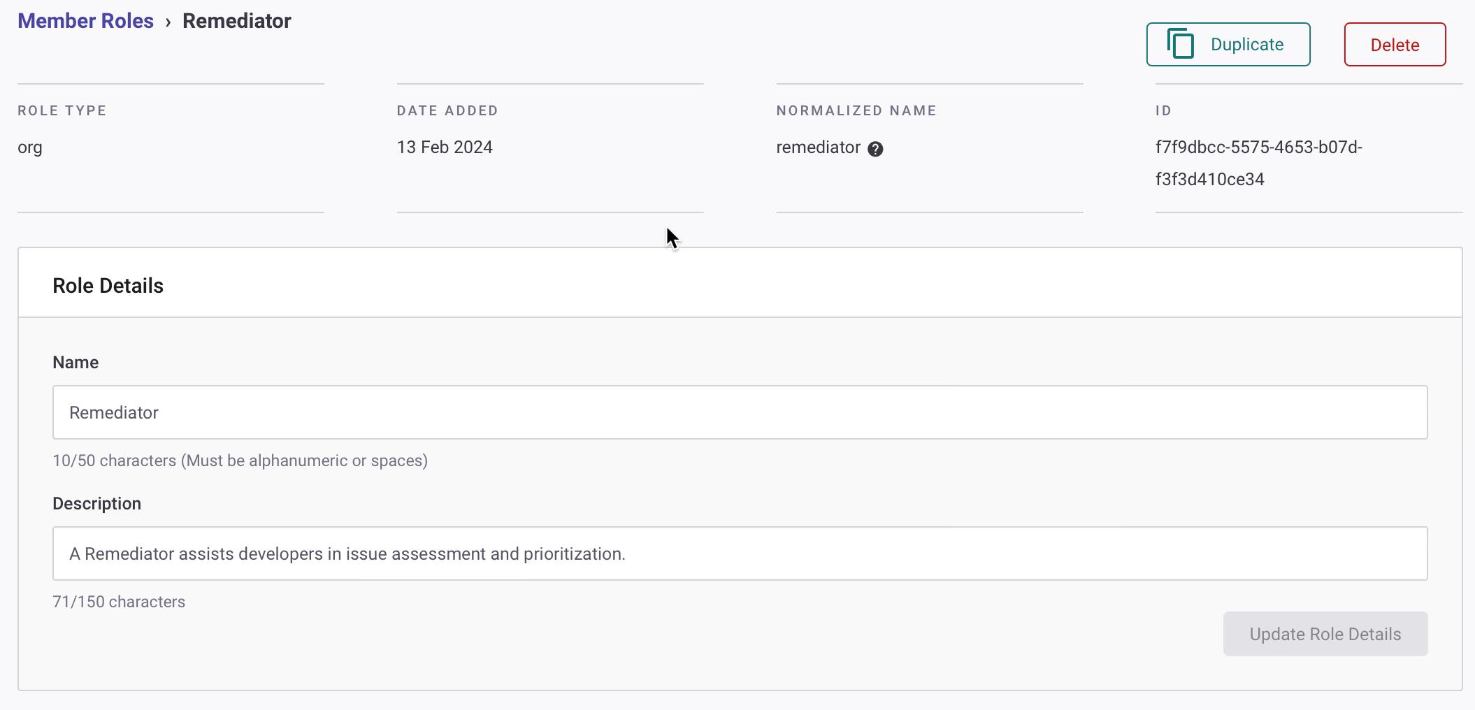 사용자 정의 역할의 역할 세부 정보