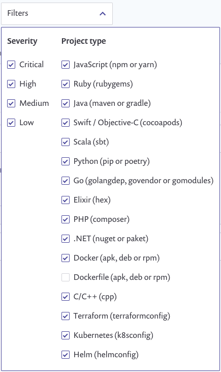 보고서 필터 - 취약점 및 프로젝트 유형별
