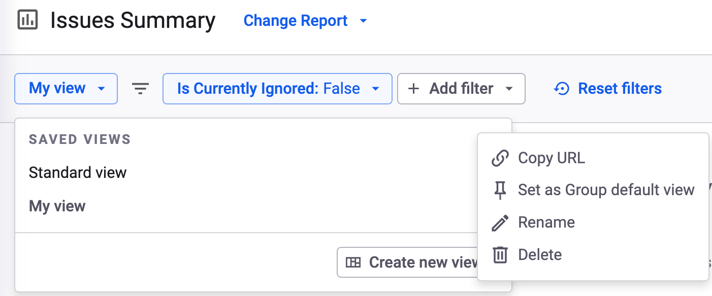 저장된 보기에 사용 가능한 옵션