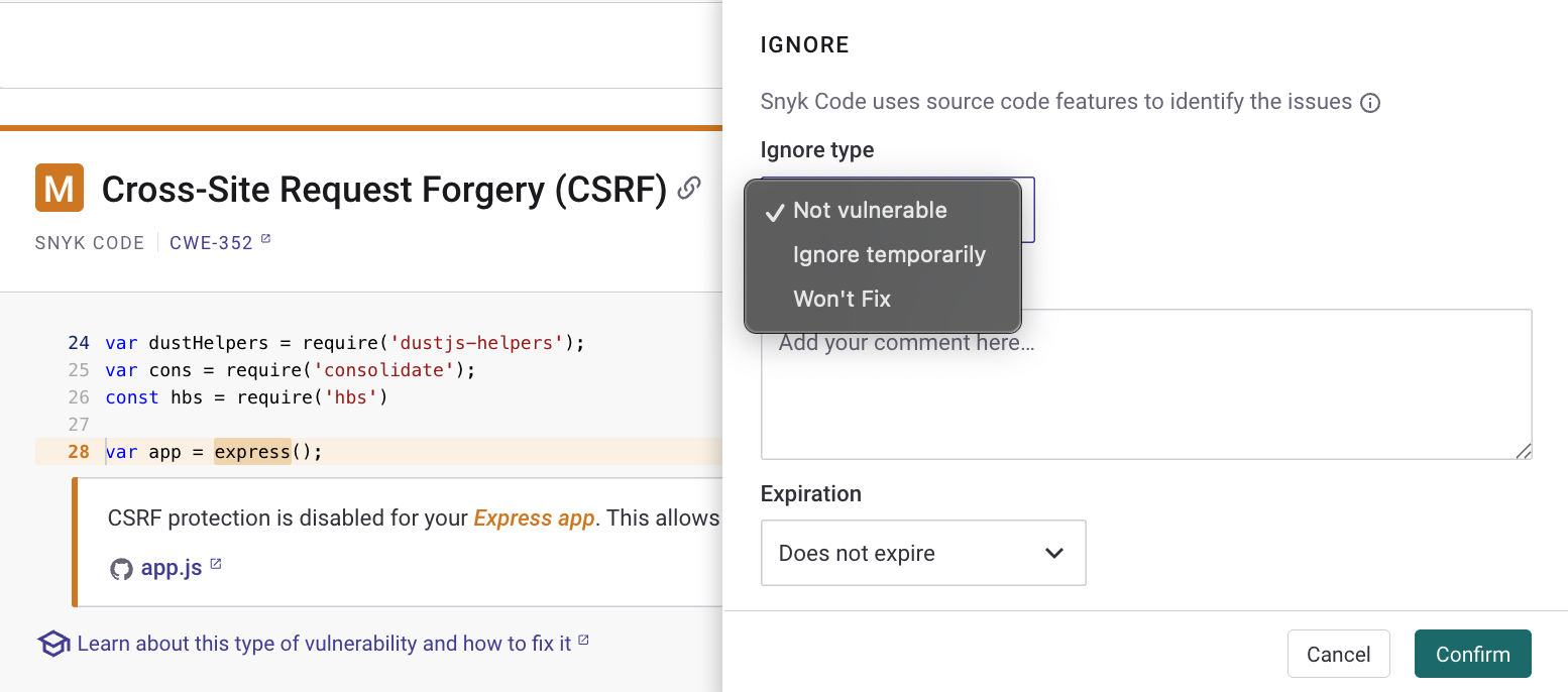이슈 카드의 무시 대화 상자