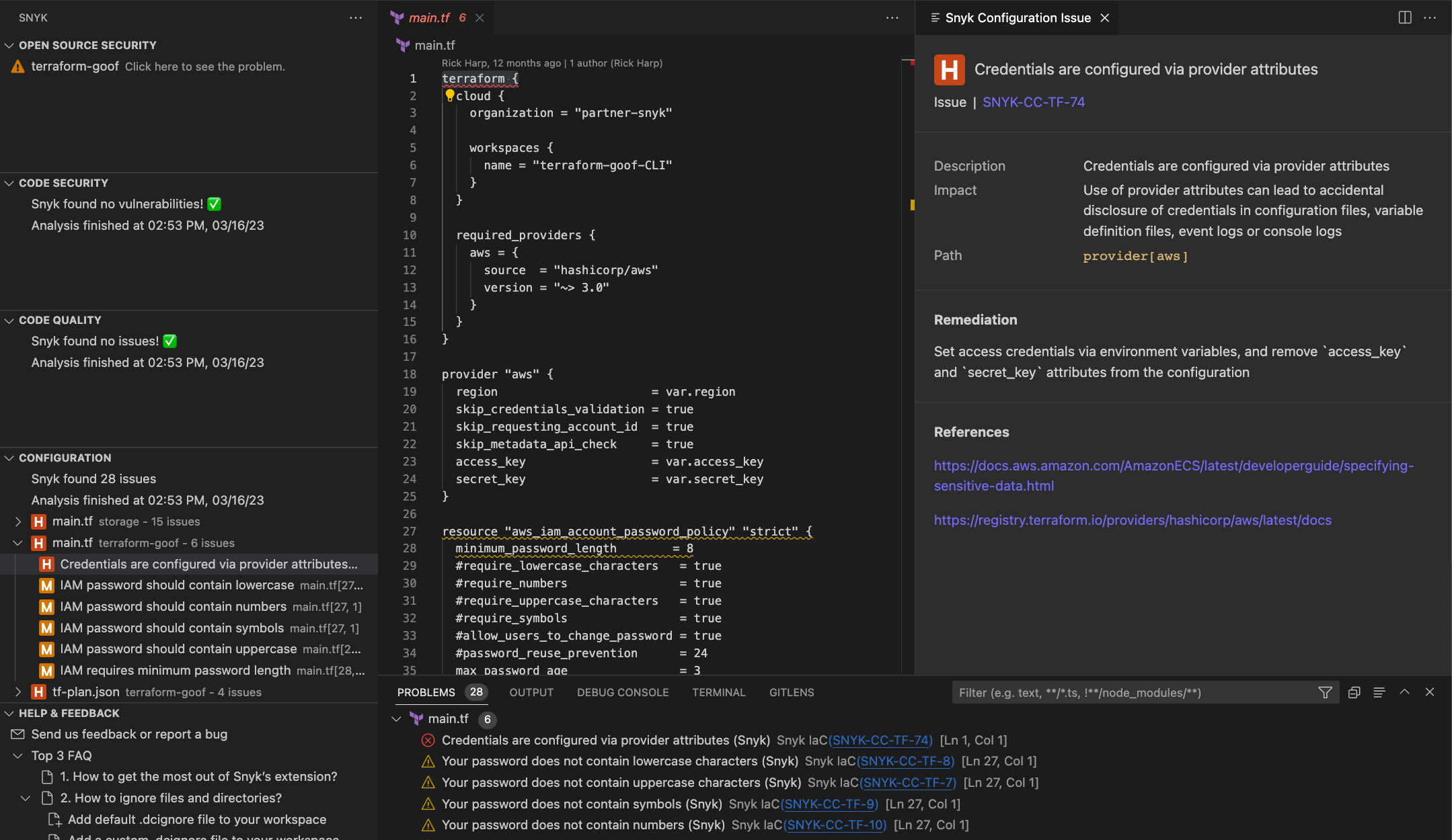 Snyk IaC 구성 문제 창