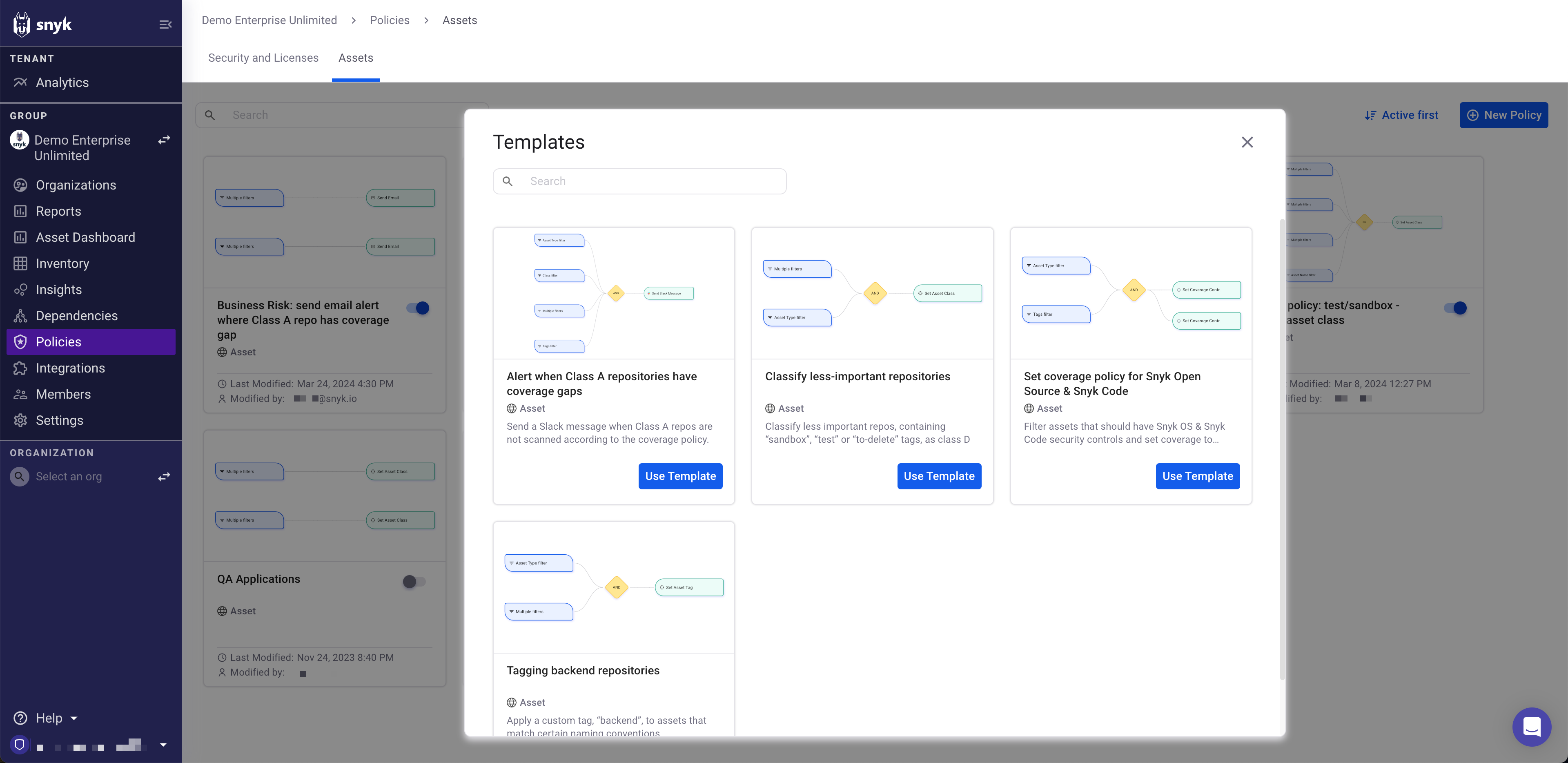 정책 보기, New policy 버튼, Use a template 옵션에서 액세스 가능한 정책 템플릿