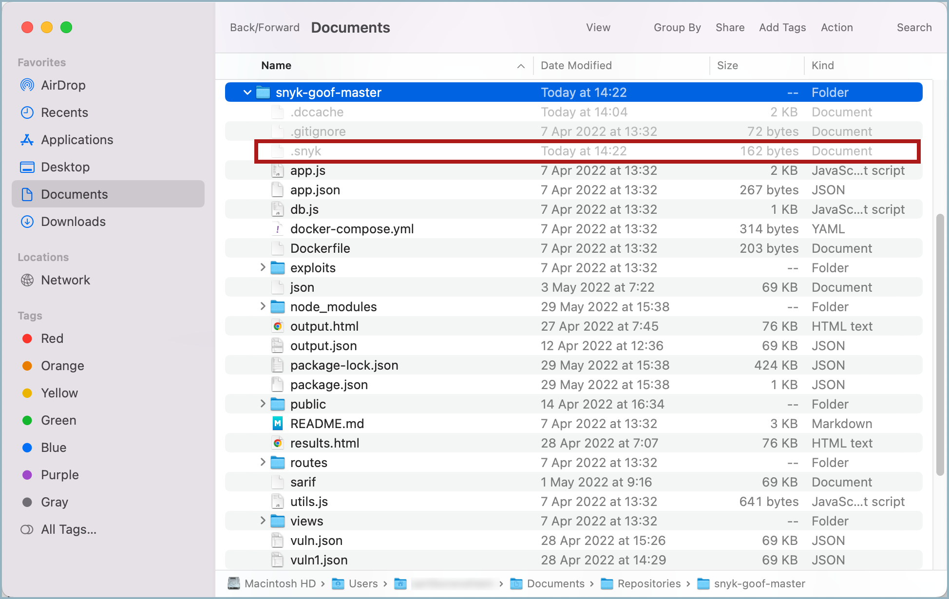 폴더에 나열된 .snyk 파일