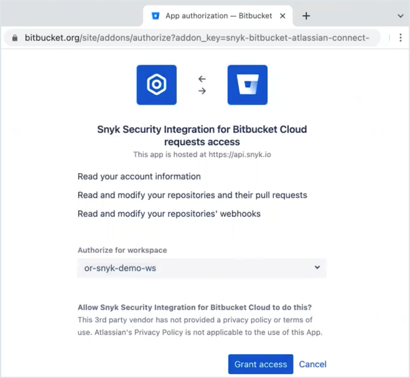 Snyk에서 Bitbucket Cloud에 대한 액세스 허용