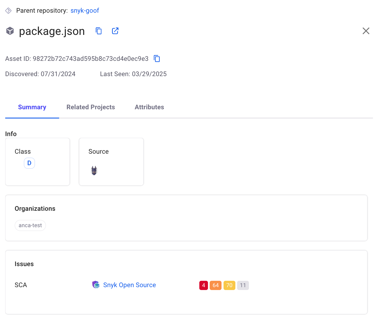 하위 자산의 자산 요약 보기