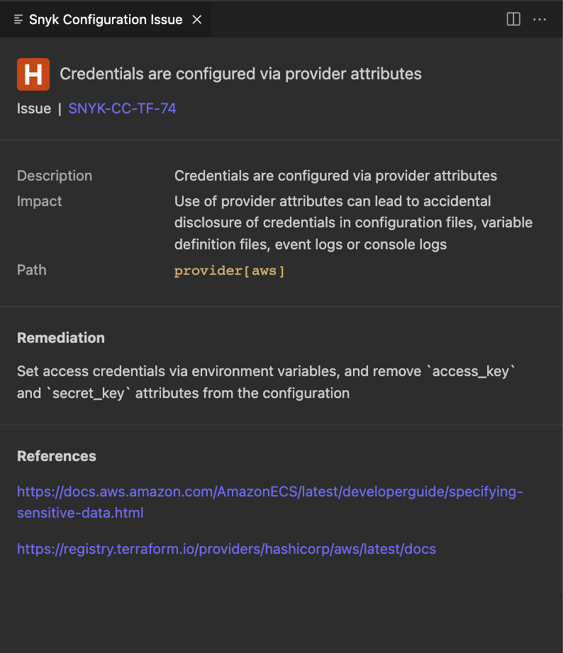 Snyk IaC 구성 문제에 대한 세부 정보 패널