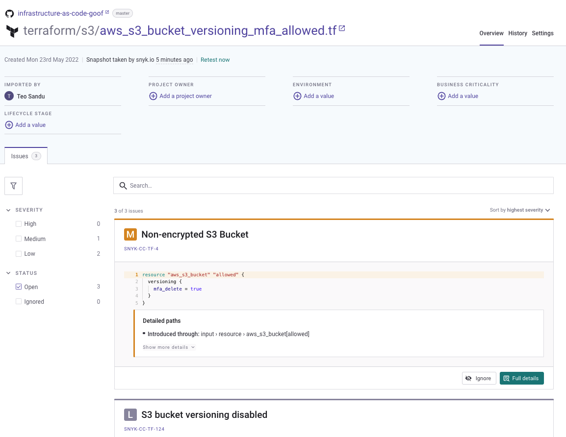 Snyk 프로젝트 문제 카드