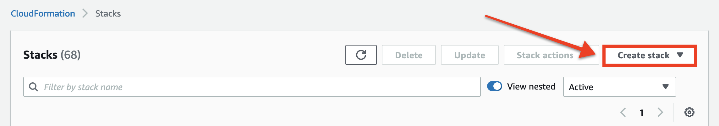 AWS Management Console에서 스택 생성 버튼 선택