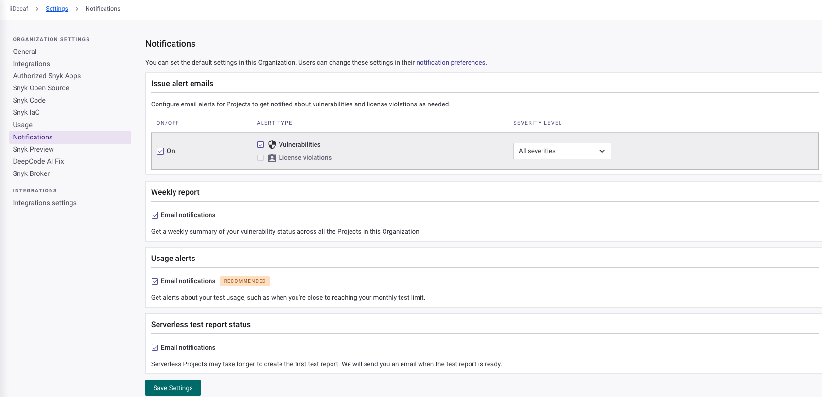 조직 수준의 알림 설정