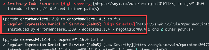 웹 UI에서 무시하기 전의 Snyk test 결과