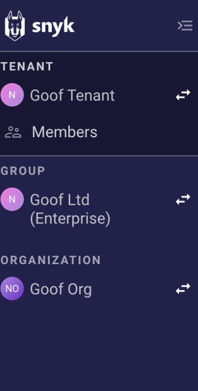 Snyk 탐색 메뉴의 테넌트 보기