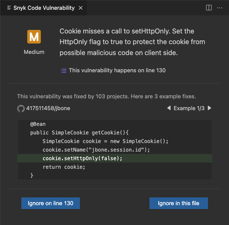 문제 세부 정보와 함께 무시 옵션