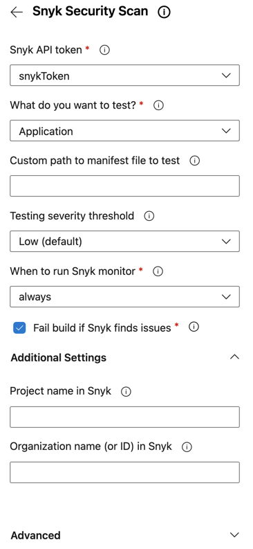 Snyk 보안 스캔 구성 패널