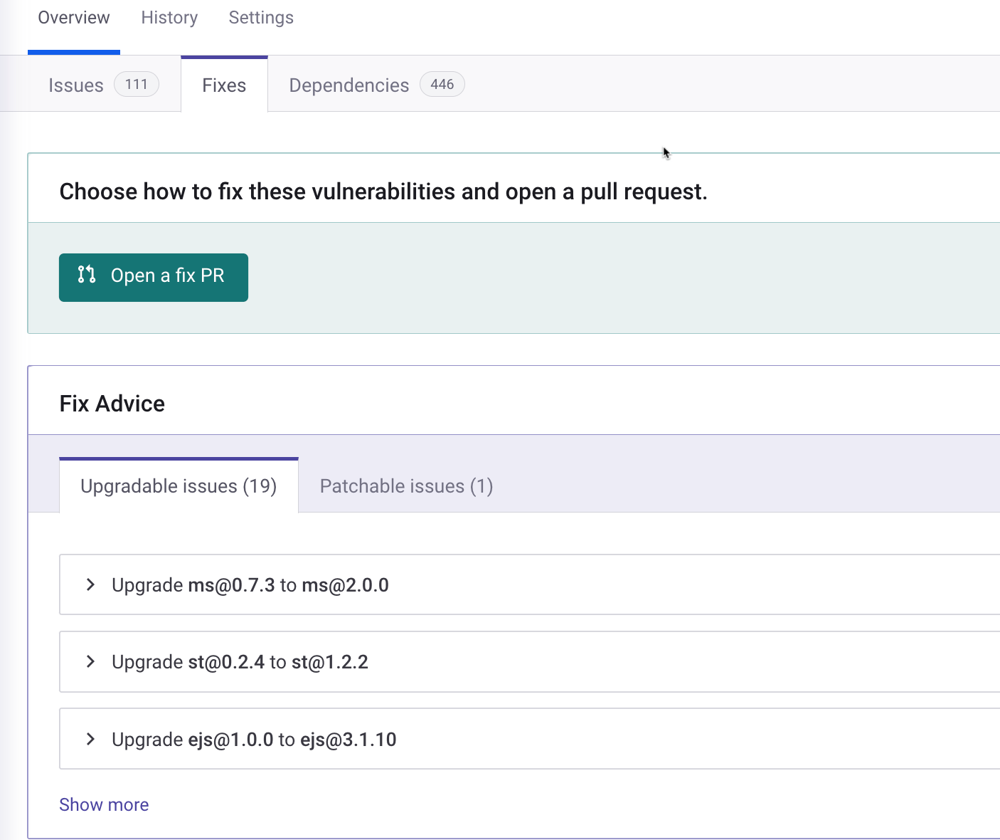 업그레이드 가능한 문제 탭