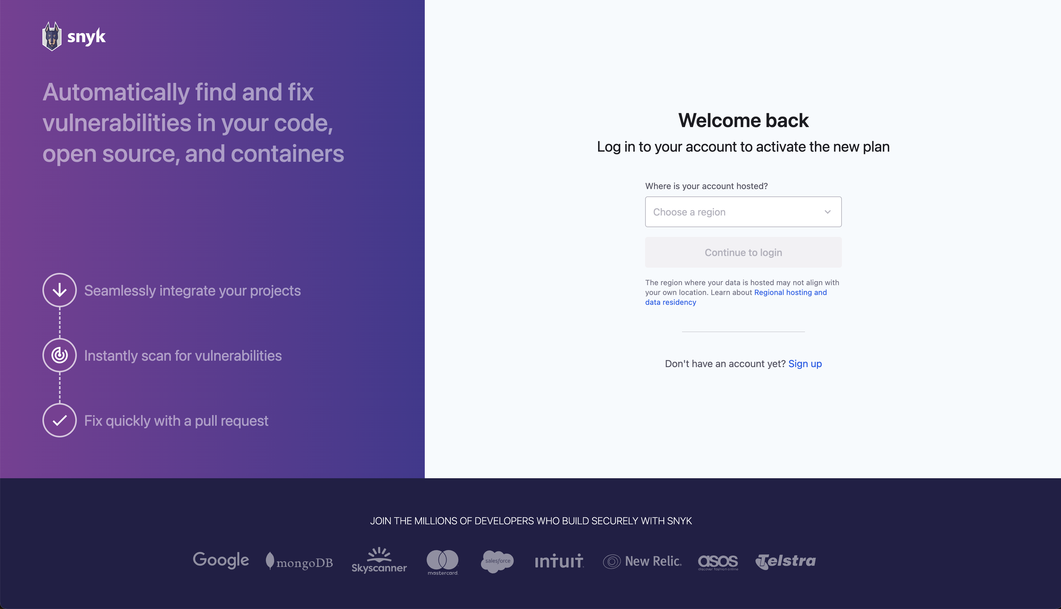 provision.snyk.io의 로그인 페이지