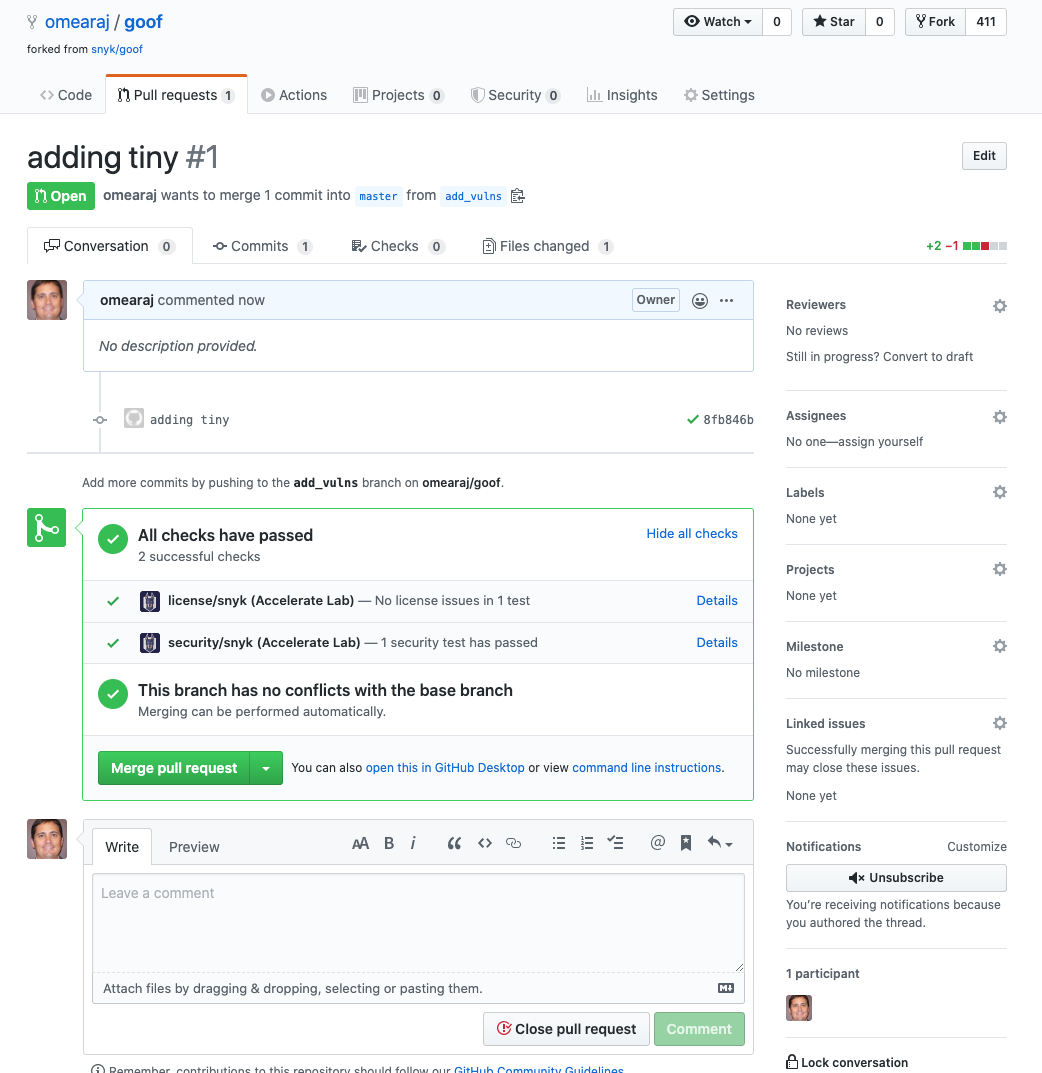 GitHub의 Snyk 풀 리퀘스트 확인