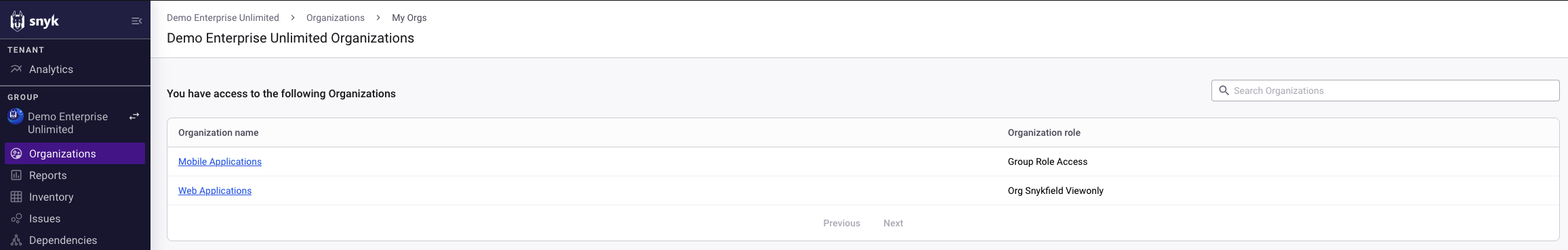 사용자가 액세스할 수 있는 모든 조직 목록