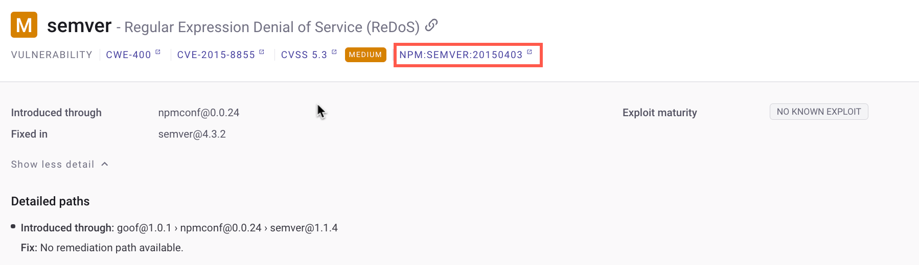 전이적 종속성에 대한 Snyk 취약점 데이터베이스 링크