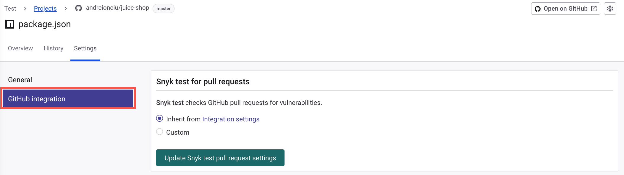 프로젝트 설정 - 사용 중인 통합 선택