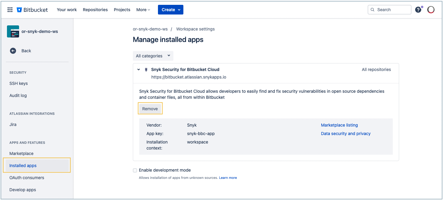 Remove the first-party Snyk Legacy interface app in Bitbucket