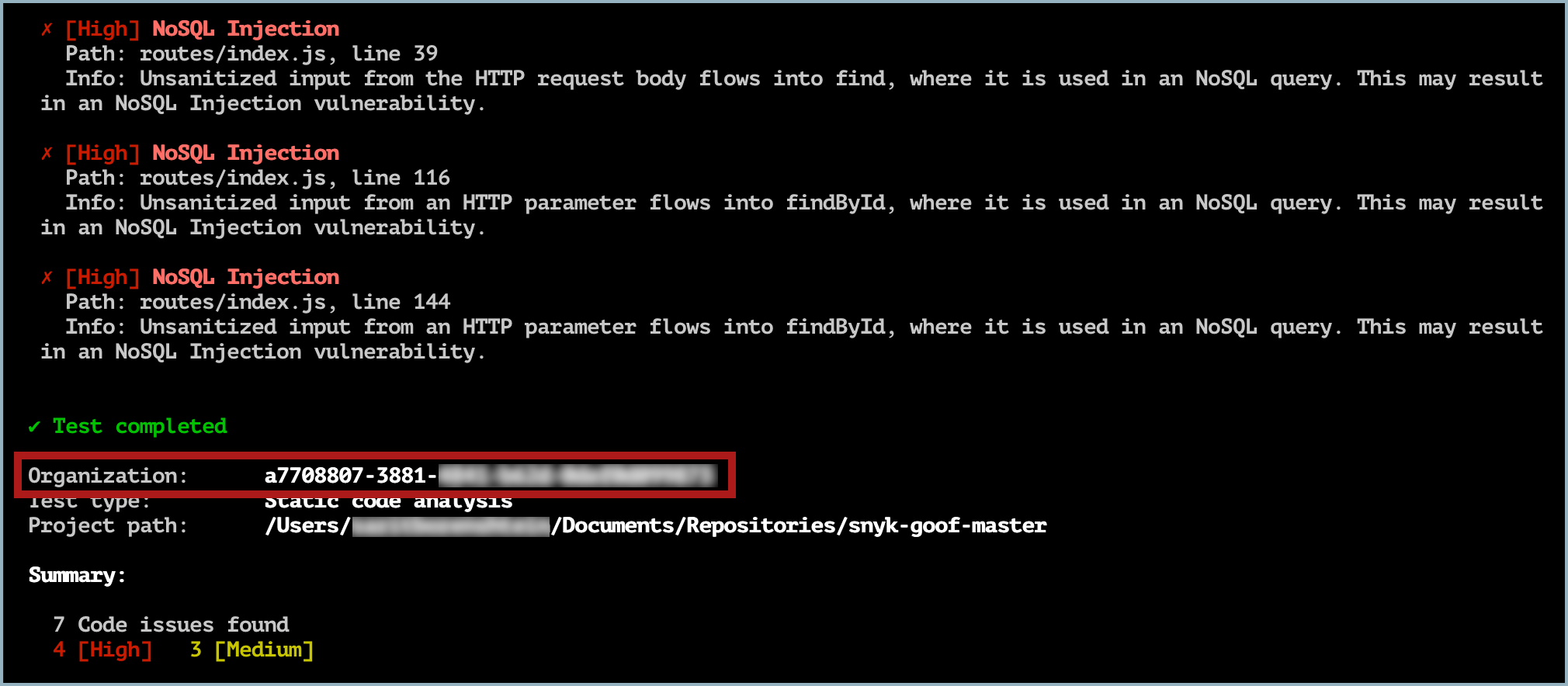테스트 결과의 Snyk Demo Org ID