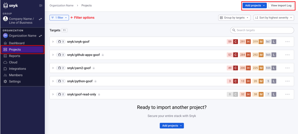 Snyk 프로젝트 목록을 Target별로 그룹화한 것