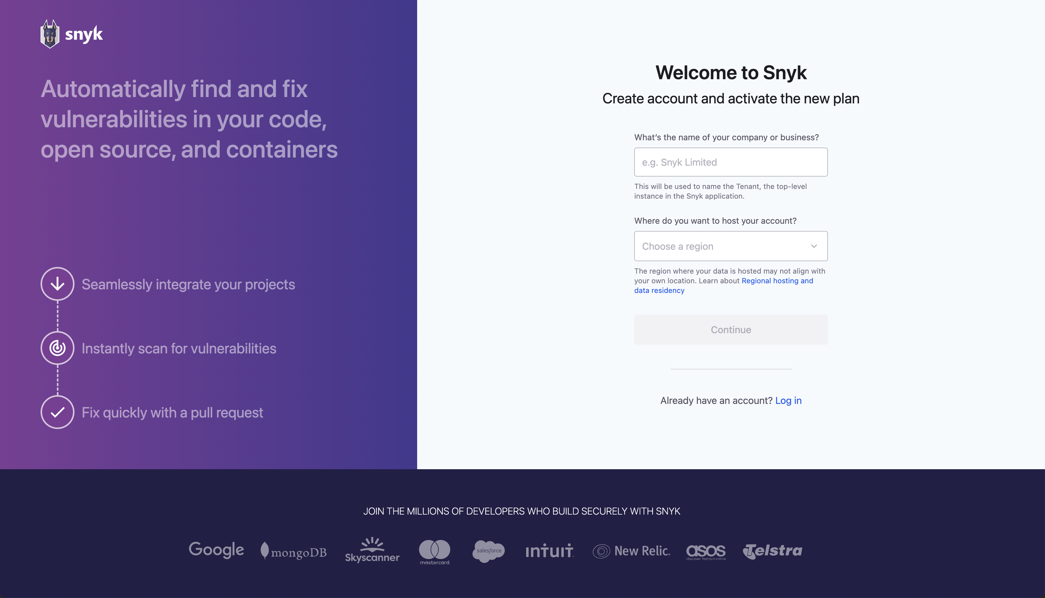 provision.snyk.io의 가입 페이지