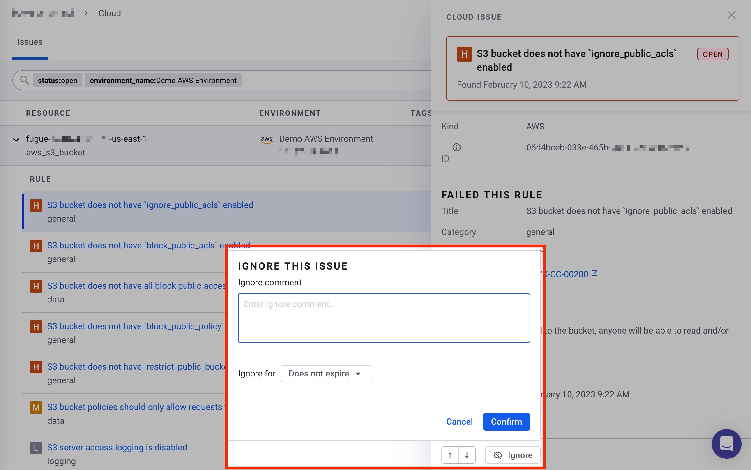 Snyk 웹 UI에서 클라우드 이슈에 대한 무시 세부 정보 설정