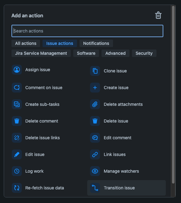 Transition issue action