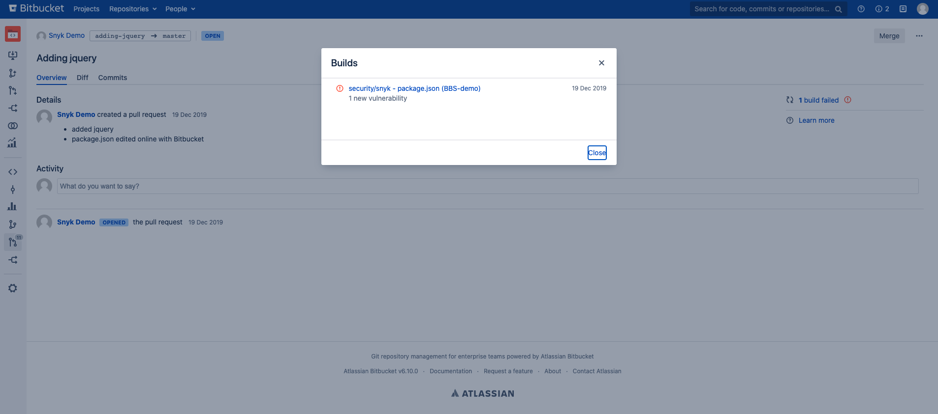 BitBucket Cloud에서 Snyk 풀 리퀘스트를 보여주는 페이지