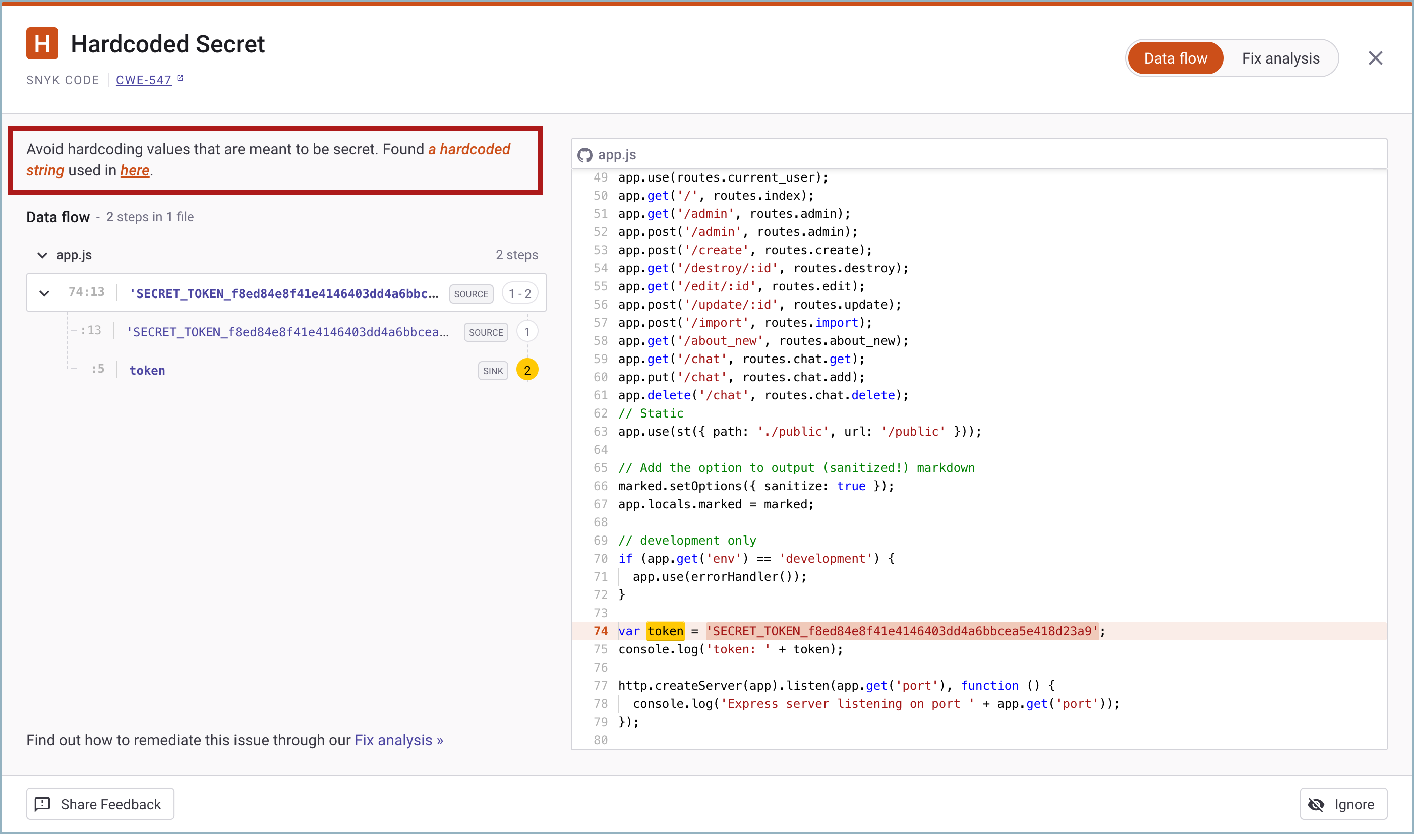 데이터 흐름 섹션의 Snyk Code 문제에 대한 CLI 테스트 정보