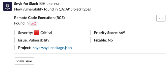 Slack에서 수신된 새로운 치명적 취약점 알림 예시