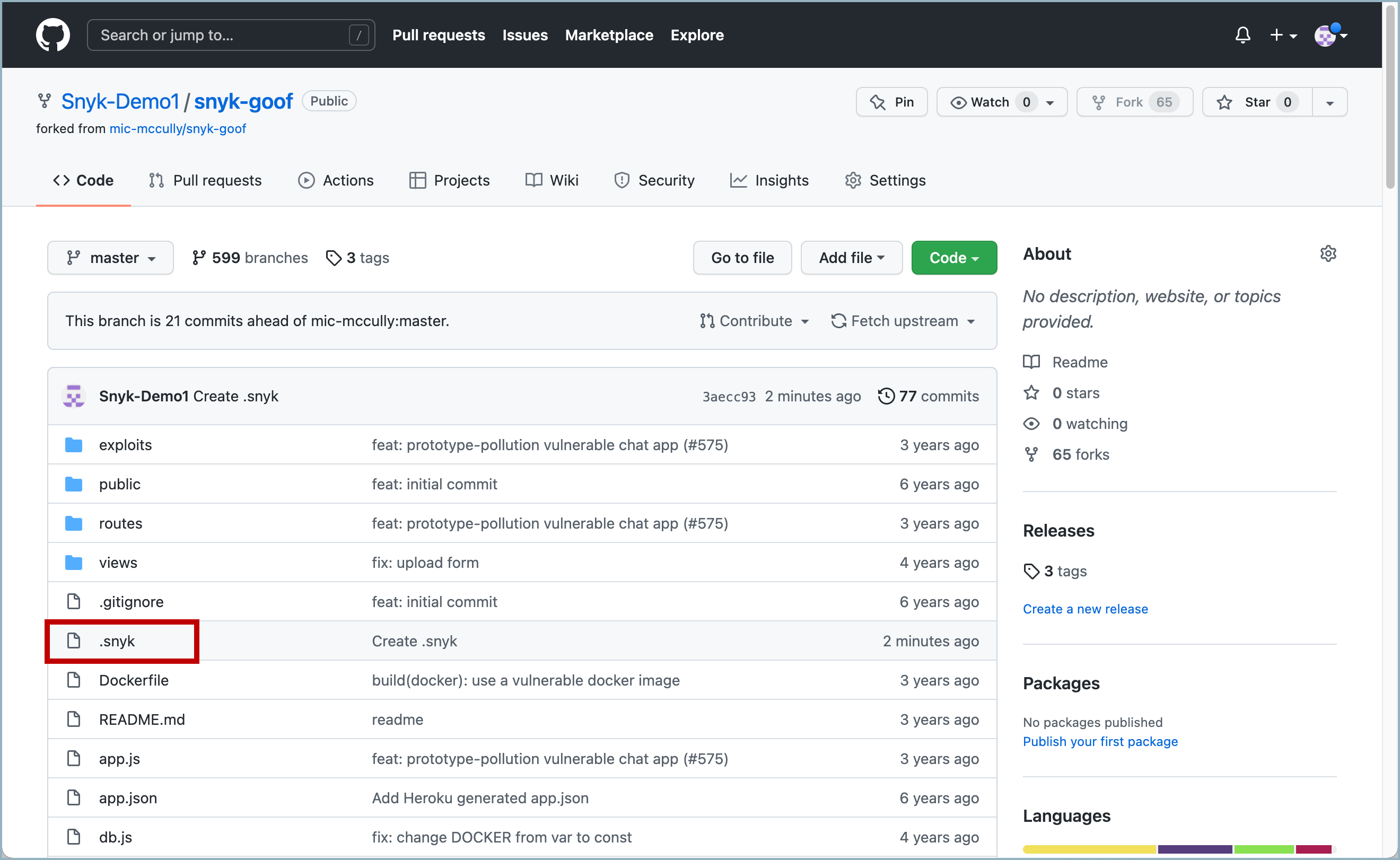 snyk-goof 리포지토리의 .snyk 파일