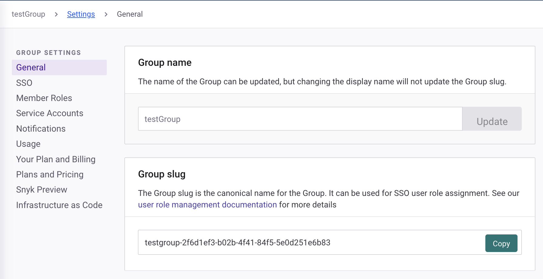 그룹 슬러그를 보여주는 그룹 일반 설정 페이지