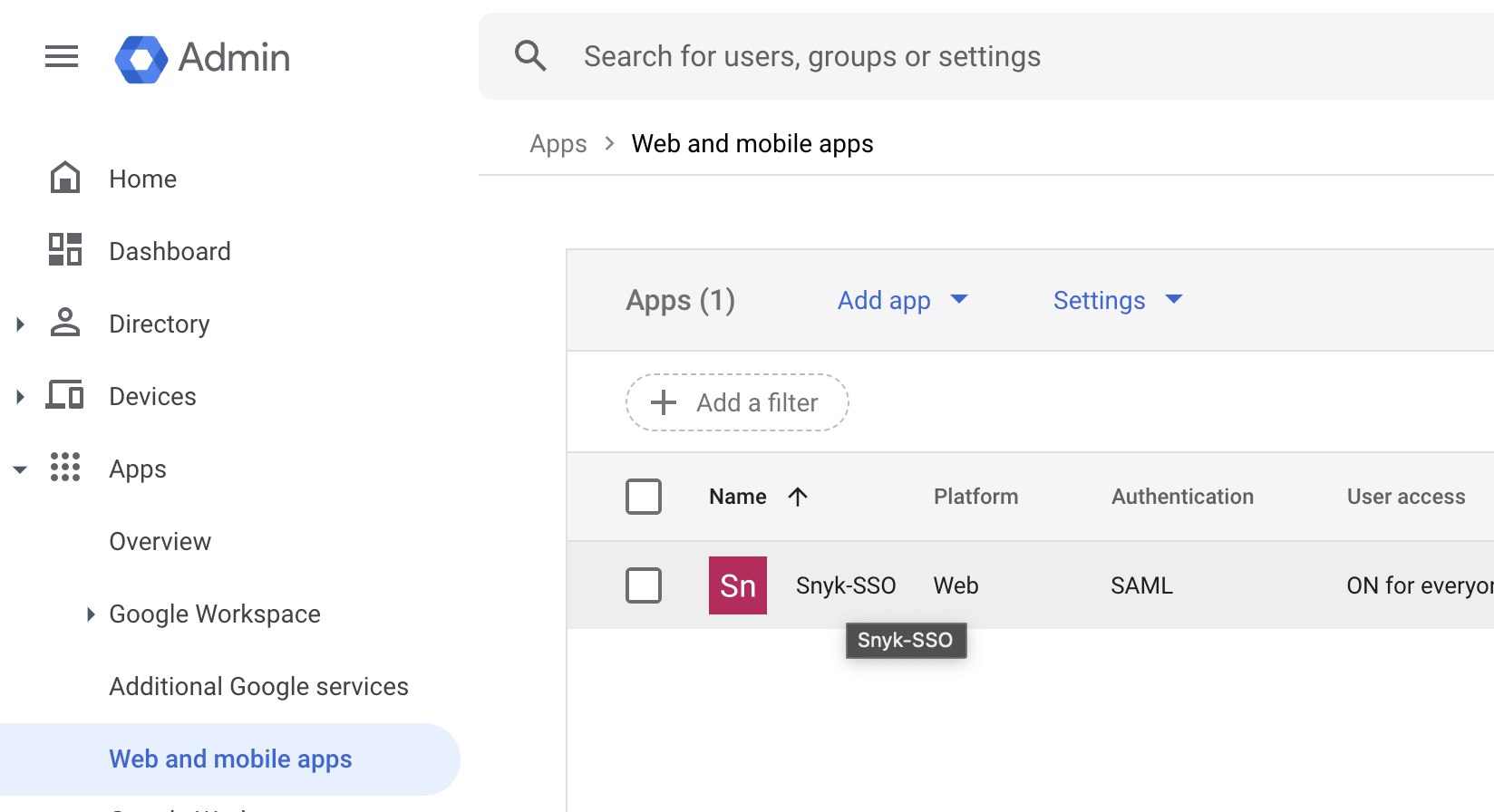 Open Google SAML app