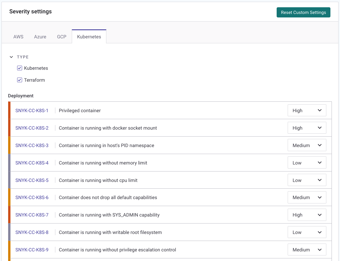 IaC 스캔에 대한 심각도 설정 선택