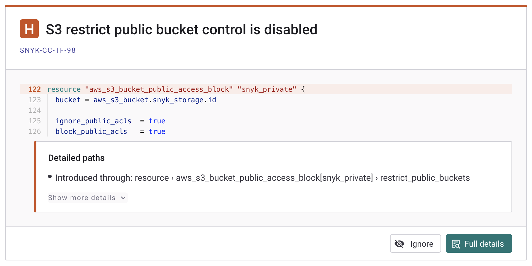 수정된 IaC 문제의 예