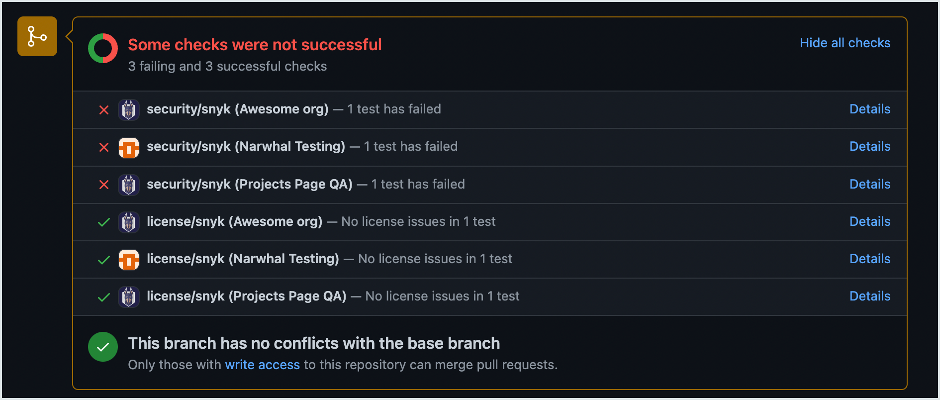 Snyk pull request checks on GitHub pull request page