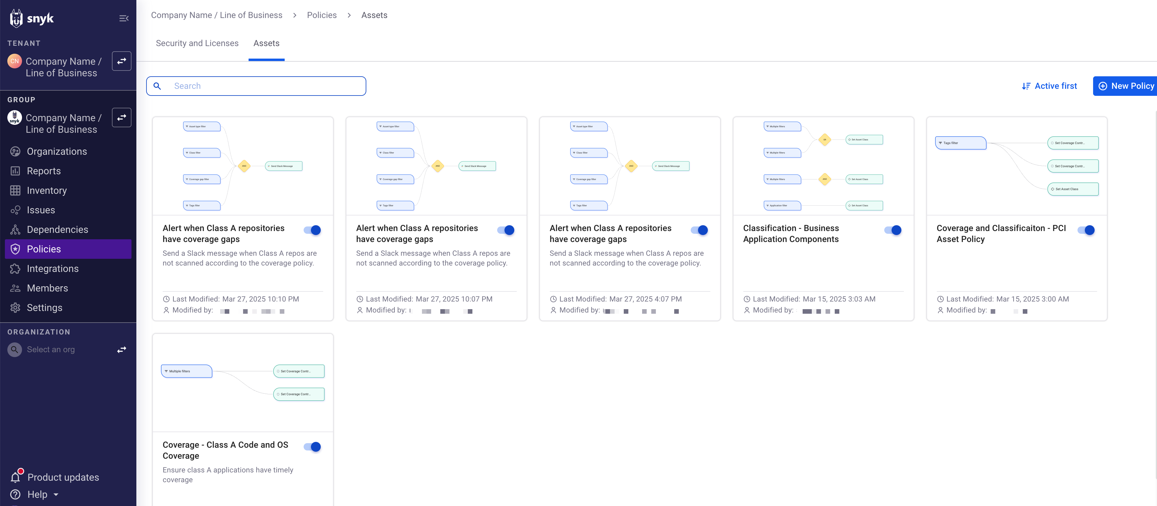 자산 탭에 포커스가 맞춰진 정책 메뉴