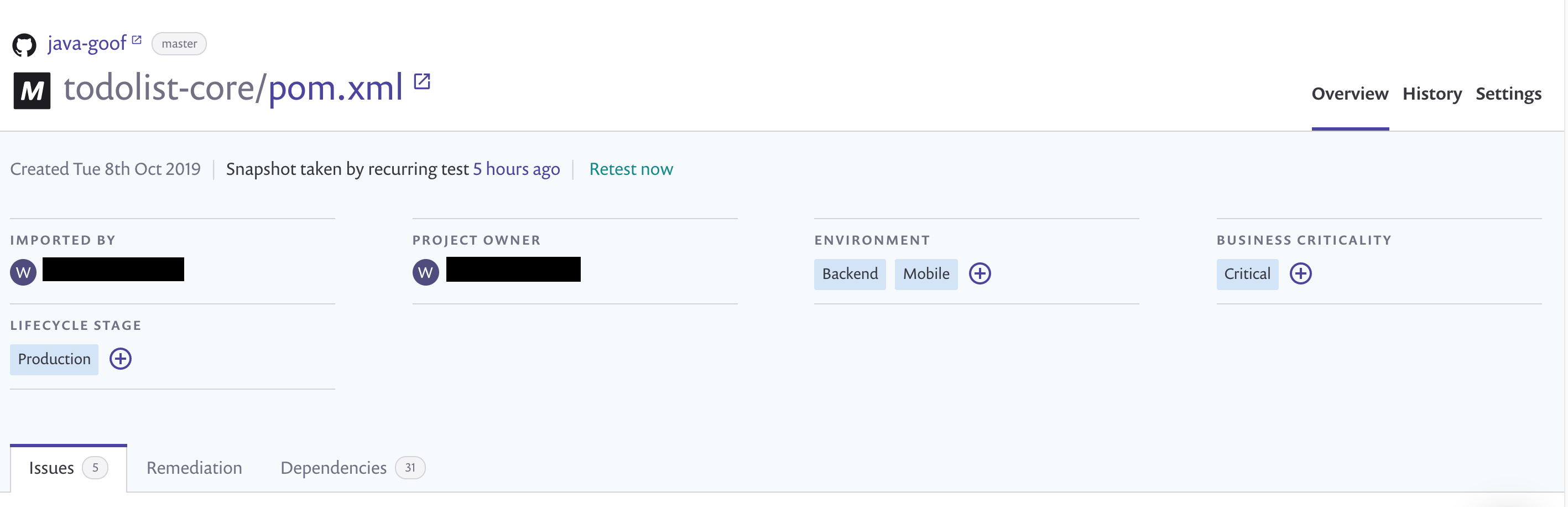 속성 값이 적용된 프로젝트 상세 페이지
