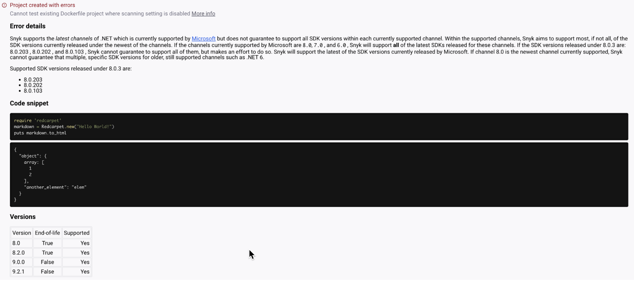 오류와 함께 프로젝트 생성에 대한 상세 오류 메시지