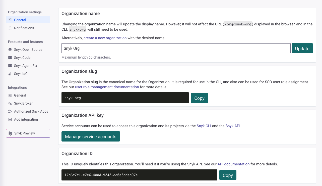 Snyk 조직 설정 페이지의 Organization ID