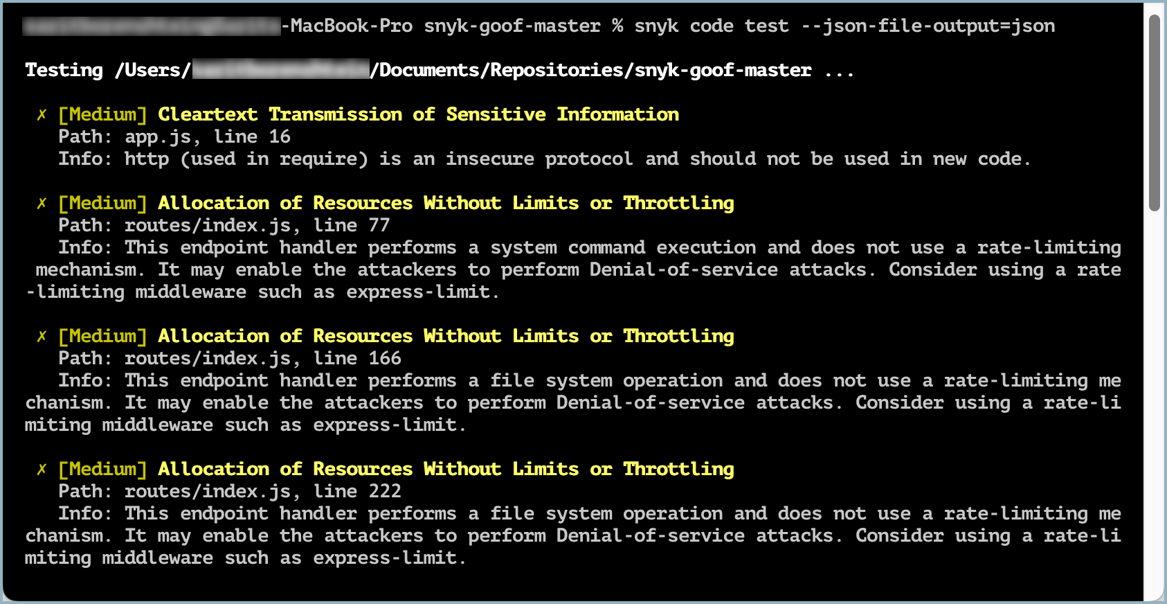 터미널에서 snyk code test 결과